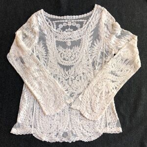 Woman’s Crewneck Ling Sleeves Lace Shirt Cream White One Size